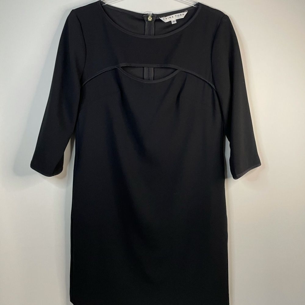 Trina Turk Black Shift Dress 1/2 Sleeve Little Black Dress Size 4 with pockets